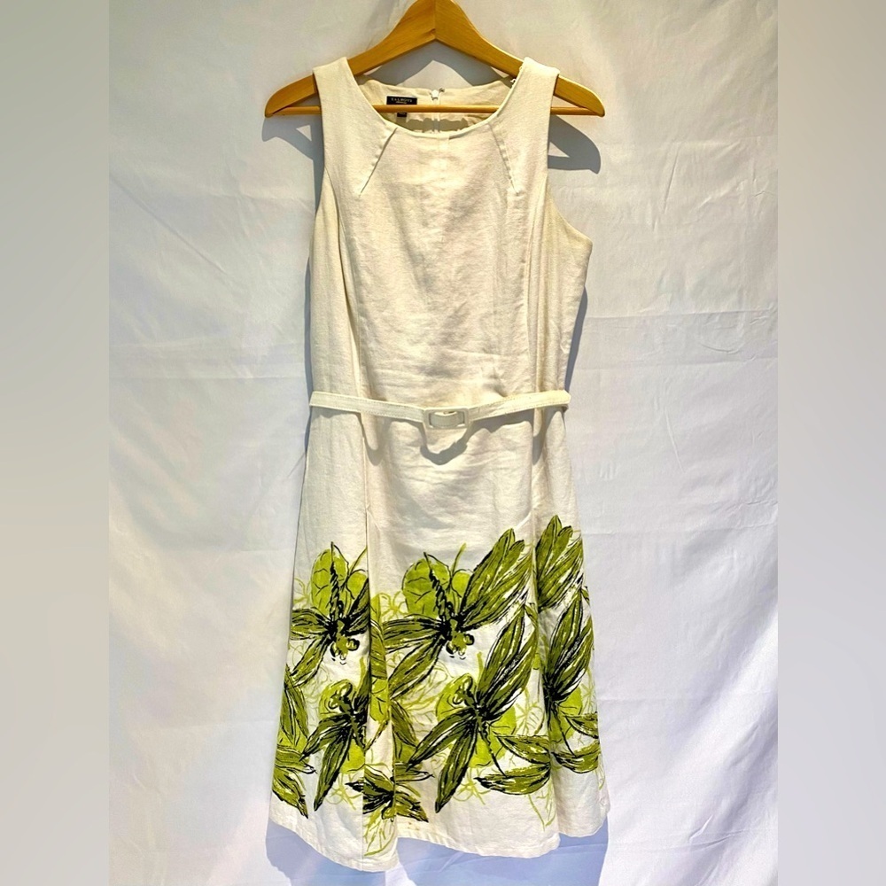 Talbots Dragonfly Print Belted Linen Dress Sheath White (size 10)